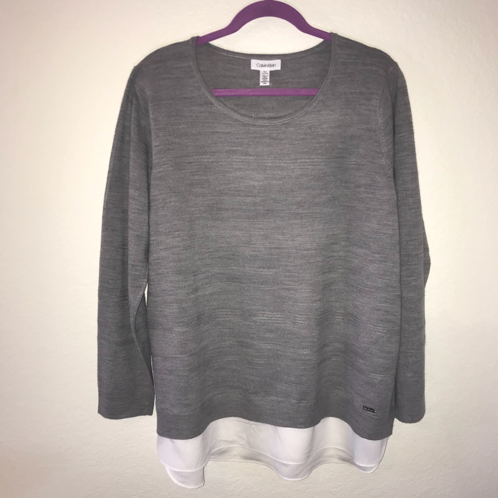 Calvin Klein Sweater Grey Scoop Neck Knit W/ White Shirt Layer Under Sz Xl Nwt